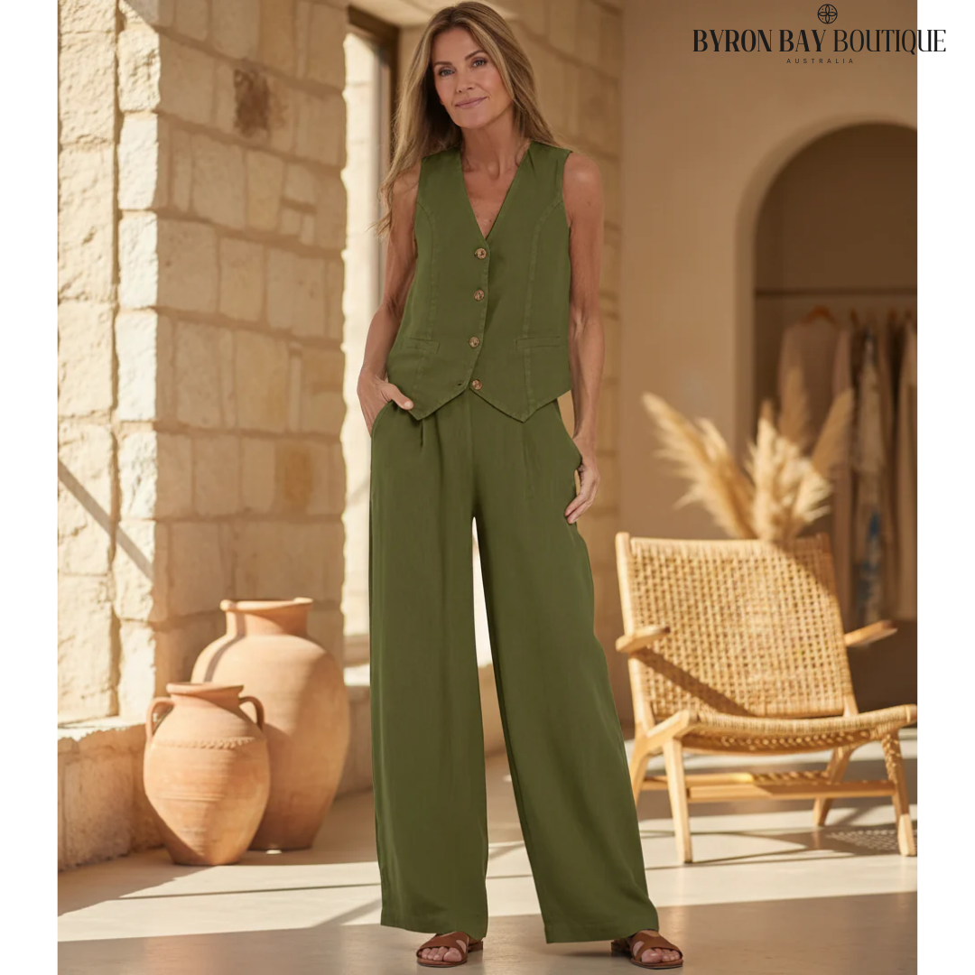 Aira - Knäppt Väst & Vida Byxor Set